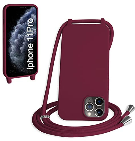 WenBaby Funda con Cuerda para iPhone 11 Pro, Líquida Silicona Carcasa con Cordón Ajustable Collar Correa de Cuello, Cubierta Prueba Golpes con Microfibra Forro (Rojo)