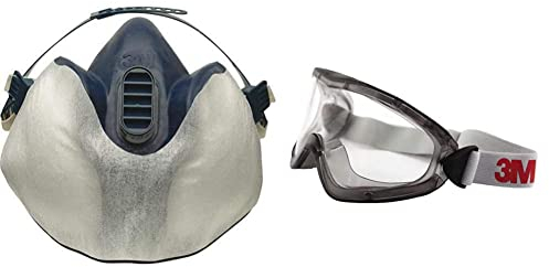 3M 400 Atemschutzmaske, Schutzvlies (10-er Pack) & 2890SA Vollsichtbrille, 2890er Serie, AF, UV, A, ohne Belüftungsschlitze (gasdicht), Klar