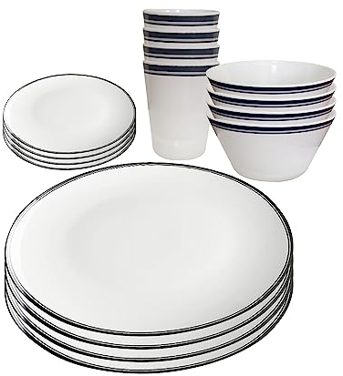 WedDecor Set di stoviglie in melamina per 4 persone, per interni ed esterni, barbecue, giardino, picnic o campeggio, set di stoviglie in melamina resistente e leggero, bianco con piatto a righe nere e