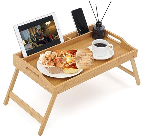 Unibos | Bamboo Bed Tray Table with Handles & Foldable Legs, Multipurpose Lap Tray, Desk for Breakfast in Bed, Sofa, Platters, Working, Drawing, Laptop Stand, Snack Tray etc | Tray with Media Slot