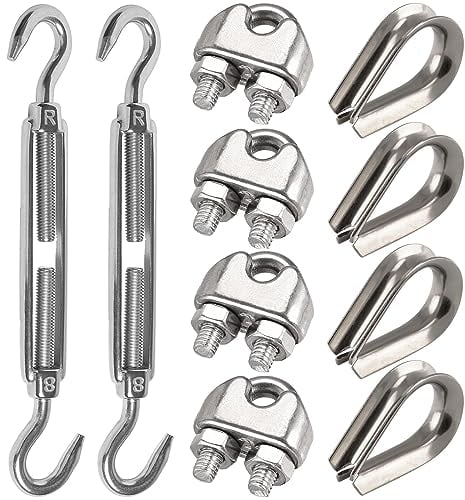 Leaum 10 Stück Spannschloss M8 Drahtspanner Set, mit Edelstahl Spannschloss M8, Drahtseilklemme 8mm Edelstahl und Drahtseil Kauschen 8mm für Gespannte Seil zu Verschärfen