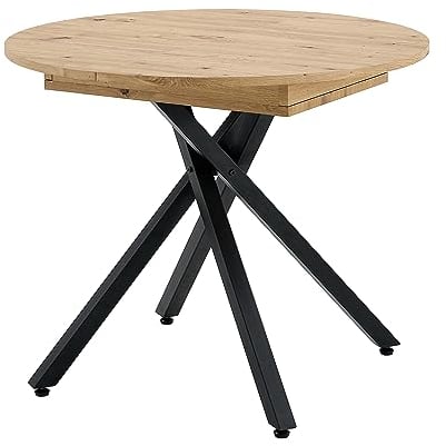 MOMMAHOME® Mesa Comedor Extensible, Plegable, Redonda Extensible, Mesa Salon Extensible, Patas Metálicas con Regulación Altura, Color Roble/Negro, Orinoco, Medidas 90-120x90x75 cm