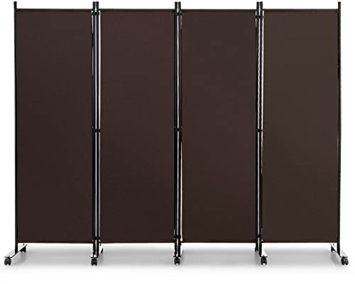 COSTWAY Separé Divisorio Interno 3/4/6 Ante (Marrone, 4 Pannelli con Ruote) | Paravento con Telaio Robusto e Tessuto Resistente, Pannelli Divisori per Ambiente da Ufficio, Salotto e Camera da Letto