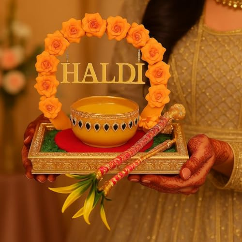 SATYAM KRAFT 1 Pcs Handcrafted Rectangular Haldi Platter with Bowl for Wedding,Decorative Thali for Bride,Groom,Bridesmaid,Traditional Haldi Plate for Marriage,Shaadi,Mehendi,Ceremony & Gifting