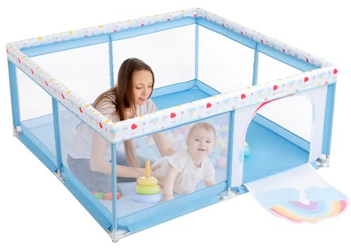 BEJOY Laufstall Baby Laufgitter 150cm Kompakt, Schaumstoffschutz, Rutschfester, Transparentes Atmungsaktives Netz mit Rundem Reißverschlusstür Babys Zaun für Innen & Außen (Blau, Regenbogen)