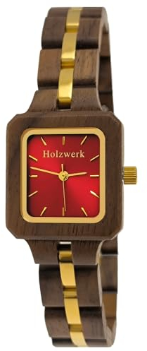 Holzwerk Germany Handgefertigte Designer Damen-Uhr Öko Natur Holz-Uhr Braun Grün Gold Holz Armband-Uhr Analog Eckig Klassisch Quarz-Uhr