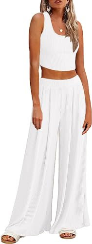 Ekouaer Damen Schlafanzug Lang Ärmellos Pyjama Set Lang Hose Chic Outfit Casual Loungewear für Frau Weiß M