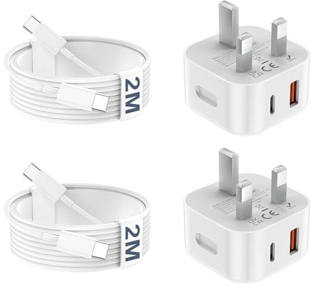 USB C Charger for iPhone 16 15 Charger USB C Plug with Cables, 20W Fast Charger Plug 2 Pack Type C UK Wall Phone Power Adapter for iPhone 16 15 Pro Max/16 15 Pro/iPad Pro/Air/Samsung S25 Ultra/S24/S23