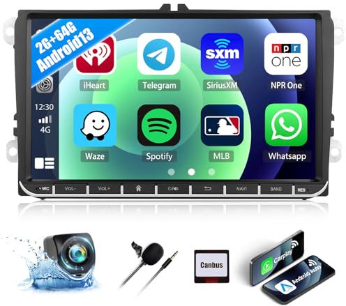 CAMECHO 2+64G 9 inch Android 13 Car Stereo for VW Polo Caddy Tiguan Transporter T5 Scirocco Golf Skoda Octavia Fabia Seat with Wireless CarPlay Android Auto Car Radio with GPS Bluetooth Reverse Camera