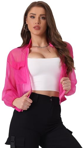 Allegra K Veste bomber transparente Femme Blouson à manches longues et fermeture éclair Rose Vif S