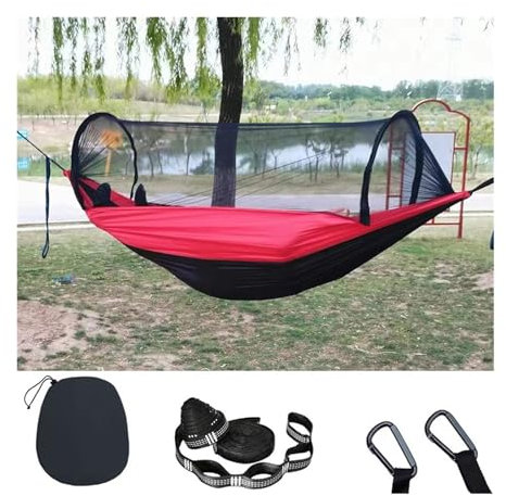 Hamac de Camping Hamac de Camping Double avec moustiquaire, hamac Portable Pop-up, hamacs de Parachute avec Sangles d'arbre Hamac de Voyage(Color:Black and Red)