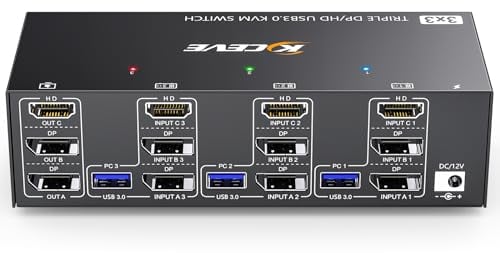 KVM Switch 3 PC 3 Monitore 8K@60Hz 4K@144Hz,MLEEDA HDMI+2 Displayport KVM Switch Triple Monitor für 3 PC Teilen 3 Monitors und 4 USB3.0-Geräte, mit 12V DC Netzteil,Verdrahtet Fernbedienung