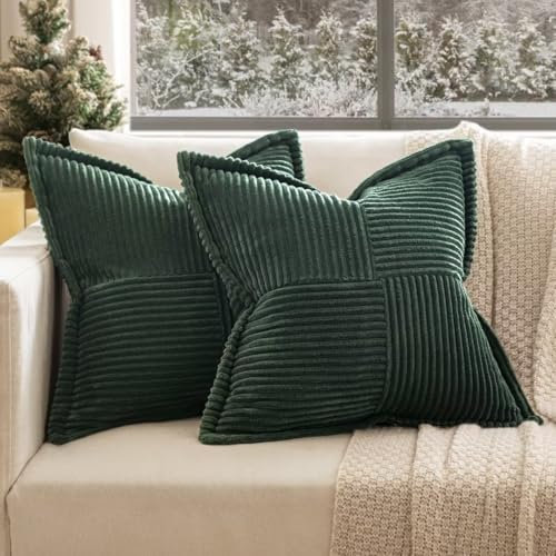 EMEMA Kordsamt Kissenbezüge Weich Dekokissen Dekorativ Kissenbezug 50x50 cm Kissenhülle Sofakissen Zierkissen Couchkissen 2er Set für Wohnzimmer Schlafzimmer Dunkelgrün
