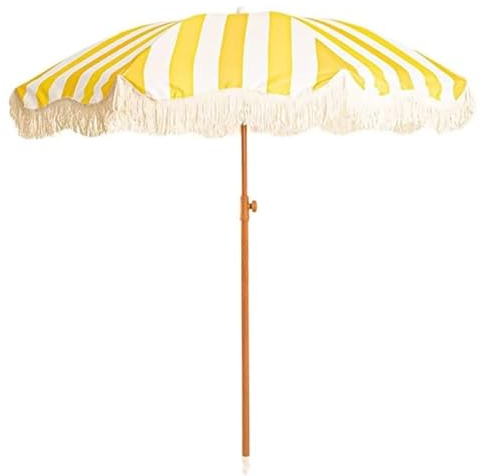 Boho-Gartenschirm im Gelb-Streifen-Design, 200 cm, neigbarer Outdoor-Strandschirm mit Fransen, LSF 50+ UV-Schutz, Sonnenschirm für Pool, Terrasse, Balkon