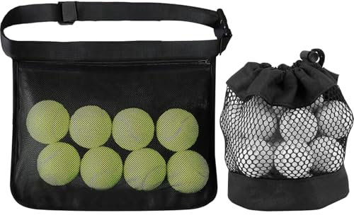 TYXHXTF 2Pcs Mesh Waist Bags, Adjustable Tennis Ball Holder, Golf Fanny Pack, Black Drawstring Net Bag for Tennis and Golf
