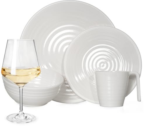 Vaisselle de camping en mélamine 16 pièces pour 4 personnes + 4 verres à vin Milano Blanc