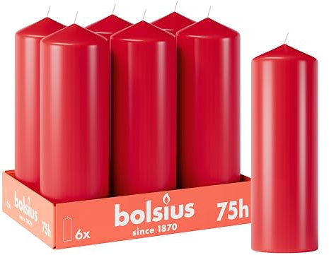 Bolsius Glatte Stumpenkerzen - Rot - 6 Stück - 20 x 7 cm - Dekorative Haushaltkerzen - Brenndauer 75 Stunden - Unparfümierte - Enthält Natürliches Pflanzenwachs - Ohne Palmöl