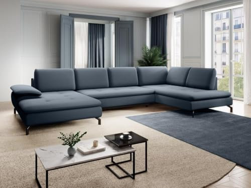 Vente-unique-Große Wohnlandschaft mit Schlaffunktion - Ecke rechts - Strukturstoff - Blau - Archibald