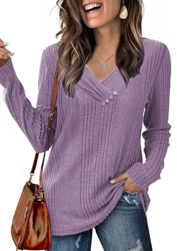 Famulily Long Sleeve V Neck Tunic Tops Women UK Casual Jumpers for Ladies Basic Lightweight Pullover Sweaters with Button Sweatshirt Purple XL