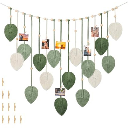 Makramee wandbehang,Boho makramee wandteppich,Mit 10 Holzklammer,Wohnzimmer,Schlafzimmer,Büro,WandDekoration(120x75cm) (Grün-2)