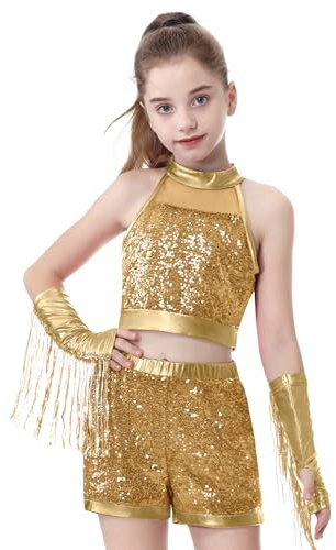 LOLANTA Mädchen Pailletten Tanzkostüm, Glitzerndes Hip Hop Jazz Dance Outfit, Kinder Street Dancewear mit ärmellosem Crop Top und Dancing Booty Shorts(Gold, 11-12 Jahre, 160)
