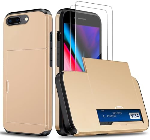 Beajew Compatible with iPhone 6 Plus/iPhone 6s Plus Case with 2 Pack Screen Protector, Heavy Duty Protective Case Hard PC Back Soft TPU Bumper Card Wallet Case Cover - Golden
