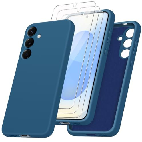 jrester Hülle kompatibel mit Samsung Galaxy S24/S25 5G Hülle mit 3 Stück Gehärtetes Glas Schutzfolie, Blau Weich Silikon Schutzhülle für Samsung Galaxy S24/S25 5G