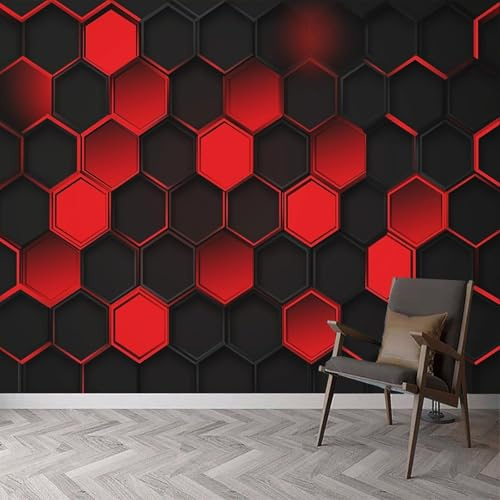 Mural Wallpaper Geometric Hexagons 3D Effect Red and Black Wallpaper Photo Poster Art Deco Wall Murals for Living Room Bedroom Corridor 350x250 cm 3990a