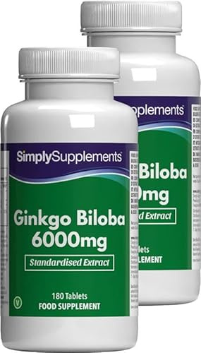 Ginkgo Biloba 6000 mg - 360 Compresse - Adatto ai Vegani – 6 mesi di scorta –SimplySupplements