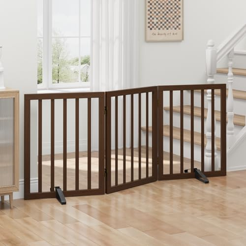 Tall Dog Gates for Doorways, Foldable Dog Gate Indoor, Freestanding Pet Gates for Doorways Bedroom, Puppy Gate with Metal Support Feet, Room Divider,3 Panels (Dark Walnut)