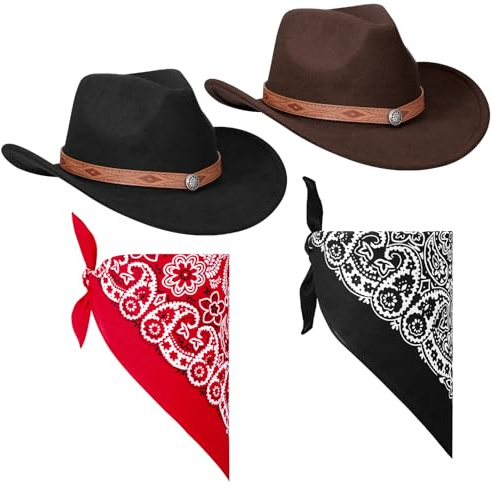 ViEinkaufen 2Pcs Cowboy Hats Black Brown, Cowboy Hat with Bandana Scarf Western Hat Set Fancy Dress Party Accessory for Women Men Halloween Birthday Cosplay Party (Black+Brown 2#)