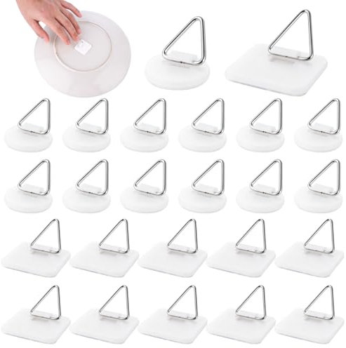 30PCS Wall Plate Hangers, Adhesive Picture Hanger White Plastic Sticky Photo Hooks Foam Board Picture Vertical Hanging Hook Without Nails for The Wall Hooks Decorative Plates Art(Round Square)