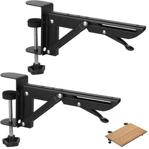 Joyoleder 2 Stück Tastaturablage Tischverlängerung, Klappscharnier, Klappbare Regalhalterung Ohne Bohren, Zusammenklappbare Klemmhalterung Klappkonsole für DIY Computertische und Bürotische, Schwarz