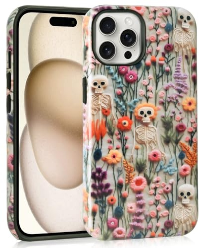 Mainrenka Süße Halloween Hülle für iPhone 14 Pro Max, mit Geist Totenkopf & Blumen Handyhülle Stoßfeste Schutzhülle
