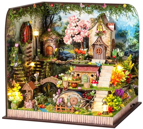 DIY Book Nook Kit, Puppenhäuser Miniatur Haus Kit mit Staubschutzhülle LED-Licht 3D Puzzle Aus Holz Bibliothek (Wald)