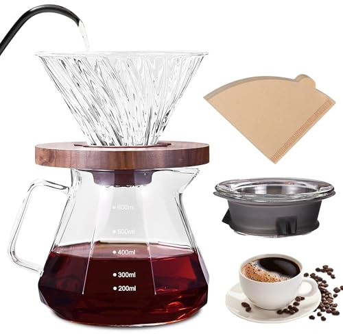 SUNOYA Pour Over Kaffeebereiter Set, 600 ml Borosilikatglas Kaffeekanne mit Filter, Handfilter Kaffee Server, inkl. 100 Stück Papierfilter Größe 02, für 1–3 Tassen