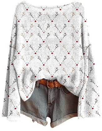 christmas jumper women Womens Christmas Tree Sweatshirts UK Long Sleeve Novelty Funny Print Jumper Oversized Crewneck Xmas Holiday Casual Shirts Fashion Pullover Tops Fall Winter White XL