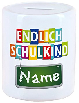 Herz & Heim® Spardose zum Schulanfang für Kinder - Endlich Schulkind - mit Namensaufdruck