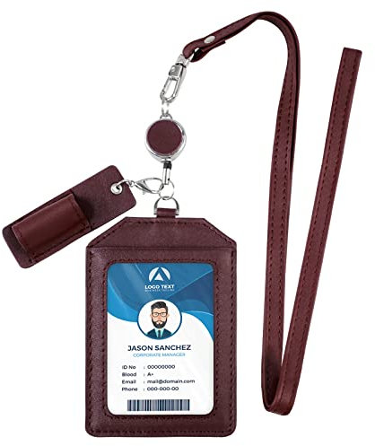 Boshiho Leder-Ausweishalter Vertikaler Stil Echtes Rindsleder Kreditkartenhalter Dehnbares Umhängeband und Stifthalter für Büro (Wein rot)