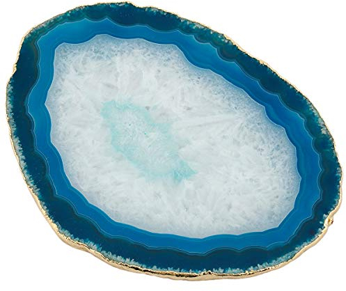 Mookaitedecor Lot de 2 dessous de verre dorés pour boissons, tranches de géode d’agate et cristal de quartz, 7,9-9,9 cm bleu