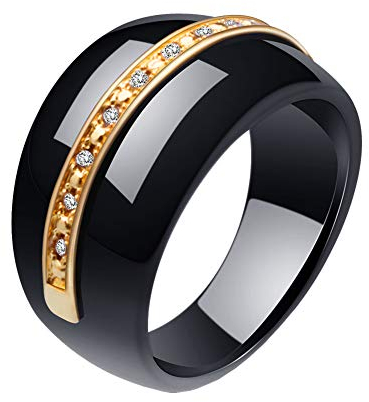 PAURO Damen Klassisch Ring Breit Engagement Versprechen Hochzeitsband Keramik Mikro Zirkonia Schwarz und Gold Größe 57 (18.1)