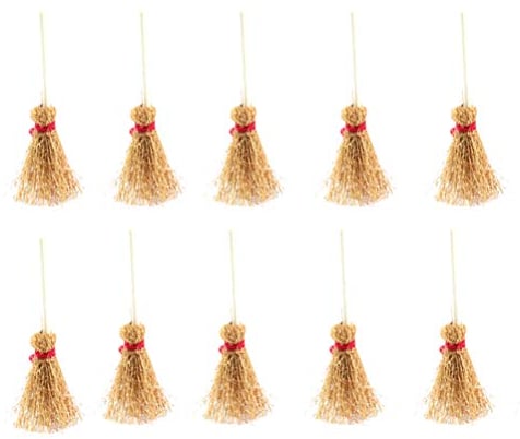 SUPVOX Straw Craft Decoration Miniature Artificial Mini Brooms with Red Rope Witches Accessory for Halloween Party 10Pcs