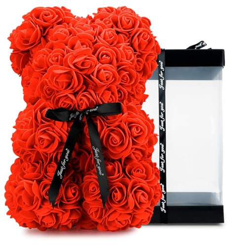 TANNESS 25cm Rose Bear with Transparent Gift Box & Black Ribbon, Rose Petals Teddy Bear Presents for Women, Artificial Flowers Rose Bear Valentines Gifts for Her, for Girlfriend (Red)