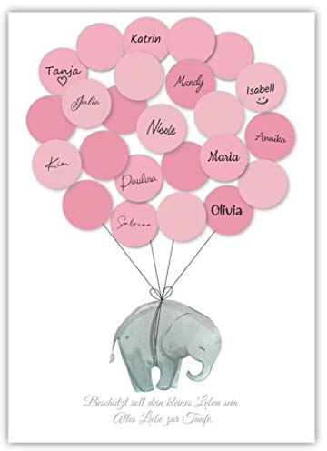 Pandawal Taufe Deko Mädchen Gästebuch Elefant Taufgästebuch Alternative Set (Rosa) Gastgeschenk Erinnerungsstück/Andenken für Baby & Kinder beschreibbar/Fingerabdruck