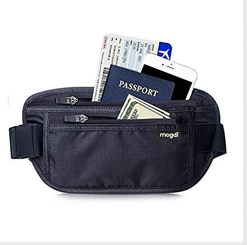 Profi RFID Blocker geschützte Bauchtasche Flache Gürteltasche für Damen u. Herren Brieftasche Reise Urlaubs- Etui Hüfttasche Wandertasche Gürtel Versteck Autoschlüssel Kreditkarten Schwarz