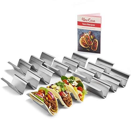 Uno Casa Juego de 6 soportes para tacos Soporte metálico para tortillas - Bandeja para tacos resistente para los martes de tacos o como molde para tortillas, Ebook de recetas