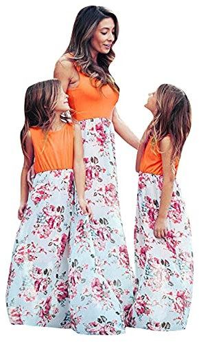 EFOFEI Femmes Robe Longue Plage Décontractée D'Été Belle Mère Et Fille Robe Bohème Rose Robe Longue À Rayures avec Poches Fleur Orange 4-5 Ans