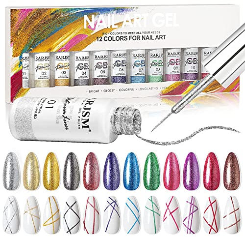 RARJSM Nail Art Gel,Platinum Liner Painted Gel Nail Polish Set,3D Line Gelpolish Set Painting Drawing UV LED 12 Colors Glitter Silver Gold Green Blue Purple for Design Curing Require 8ml