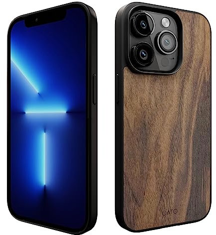 iATO iPhone 13 Pro Magnetic Wood Case. Unique & Classy Shockproof Protective Cover. Compatible with MagSafe & Wireless Charging Real Wooden Overlay on Soft Black TPU - Natural Walnut