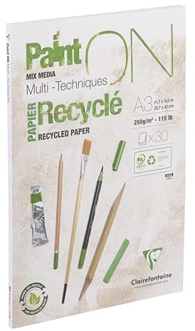 Clairefontaine 975742C - Block Paint'ON, geleimt, DIN A3, 30 Blatt Recycling-Papier weiß 250g, perfekt für Trocken- und Nasstechniken, 1 Stück